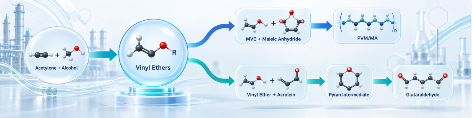 Vinyl-ether-centered chemistry map: acetylene/alcohol chemistry → vinyl ethers → branch A: MVE + maleic anhydride → PVM/MA; branch B: vinyl ether + acrolein → pyran intermediate → glutaraldehyde
