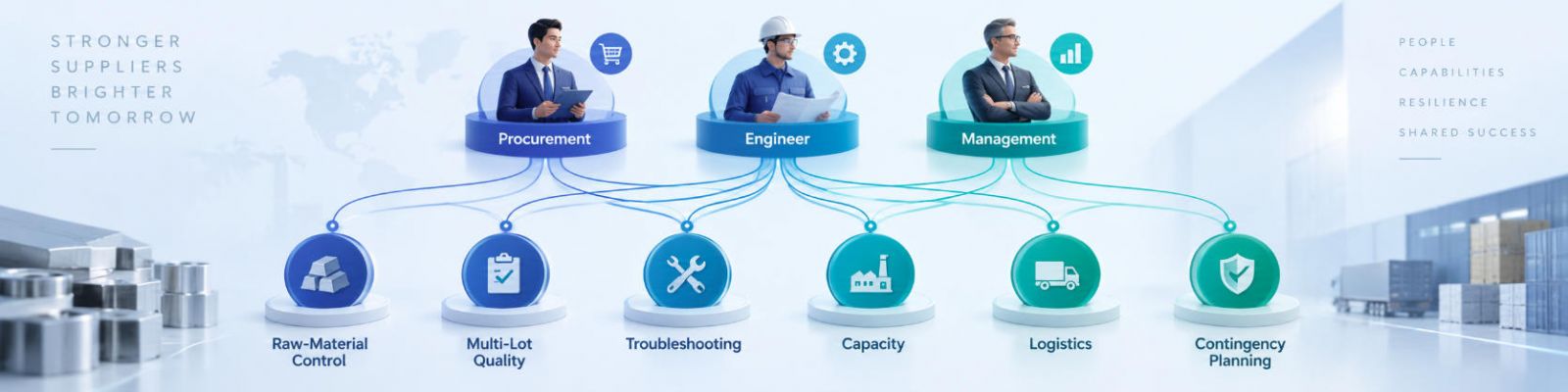 B2B supplier qualification matrix: Procurement / Engineer / Management linked to raw-material control, multi-lot quality, troubleshooting, capacity, logistics and contingency planning.